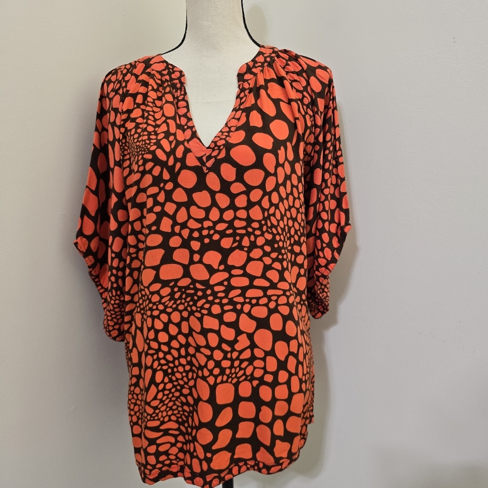 ESCAPADA size Small V Neck Soft Rayon Animal Print Casual Tunic Orange Brown - Picture 2 of 14